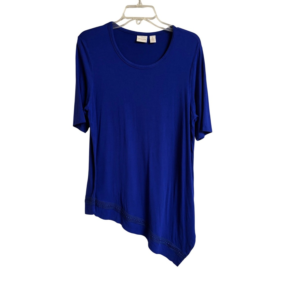 Chico's Size 2 Blue Asymmetrical Hem Tunic Top Crochet Trim Short Sleeve Large